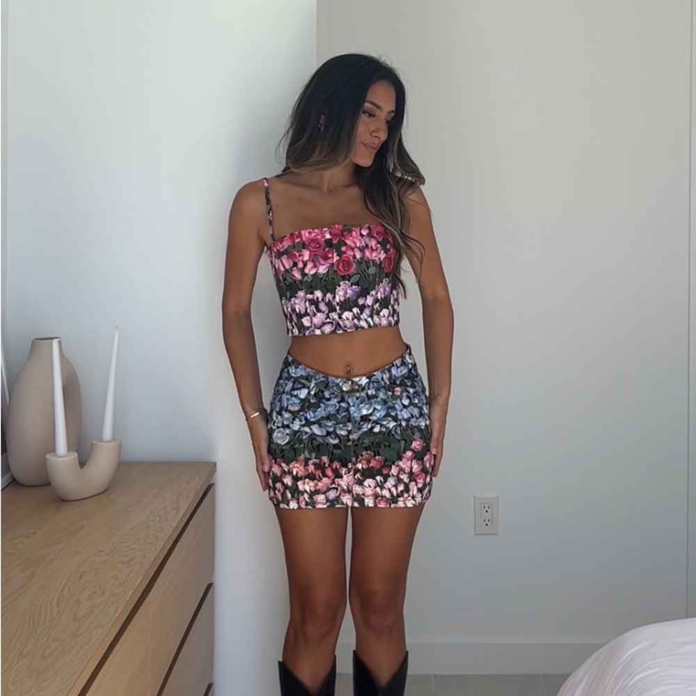 Fleur du Mal Floral Skirt and Top- Pink and Blue